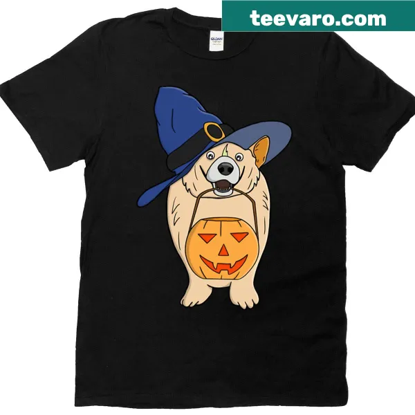 Cute dog dressed as a witch with pumpkins illustration on T-shirt