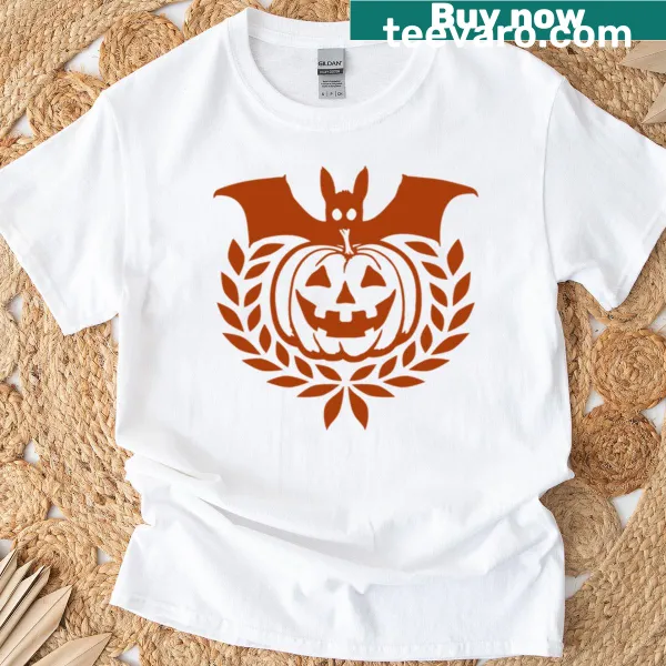 Funny Halloween T-shirt featuring a pumpkin with laurel wreath and bat