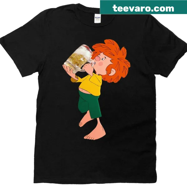 T-shirt featuring Pumuckl character drinking beer.