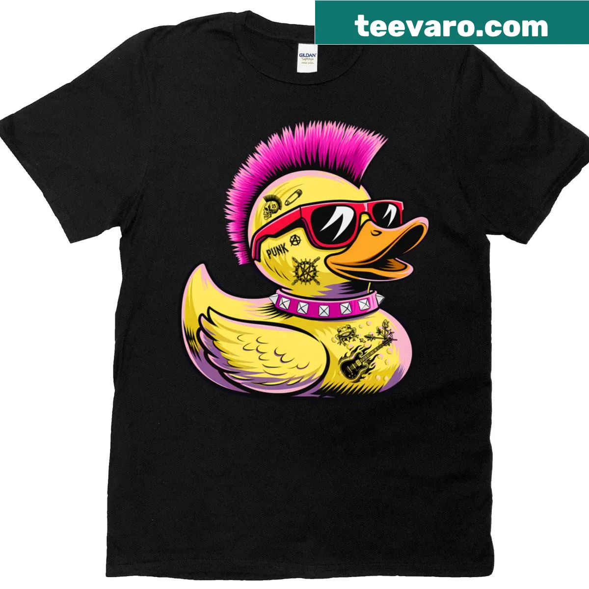 Cartoon punk rocker duckling T-shirt with edgy design — on a men's t-shirt
