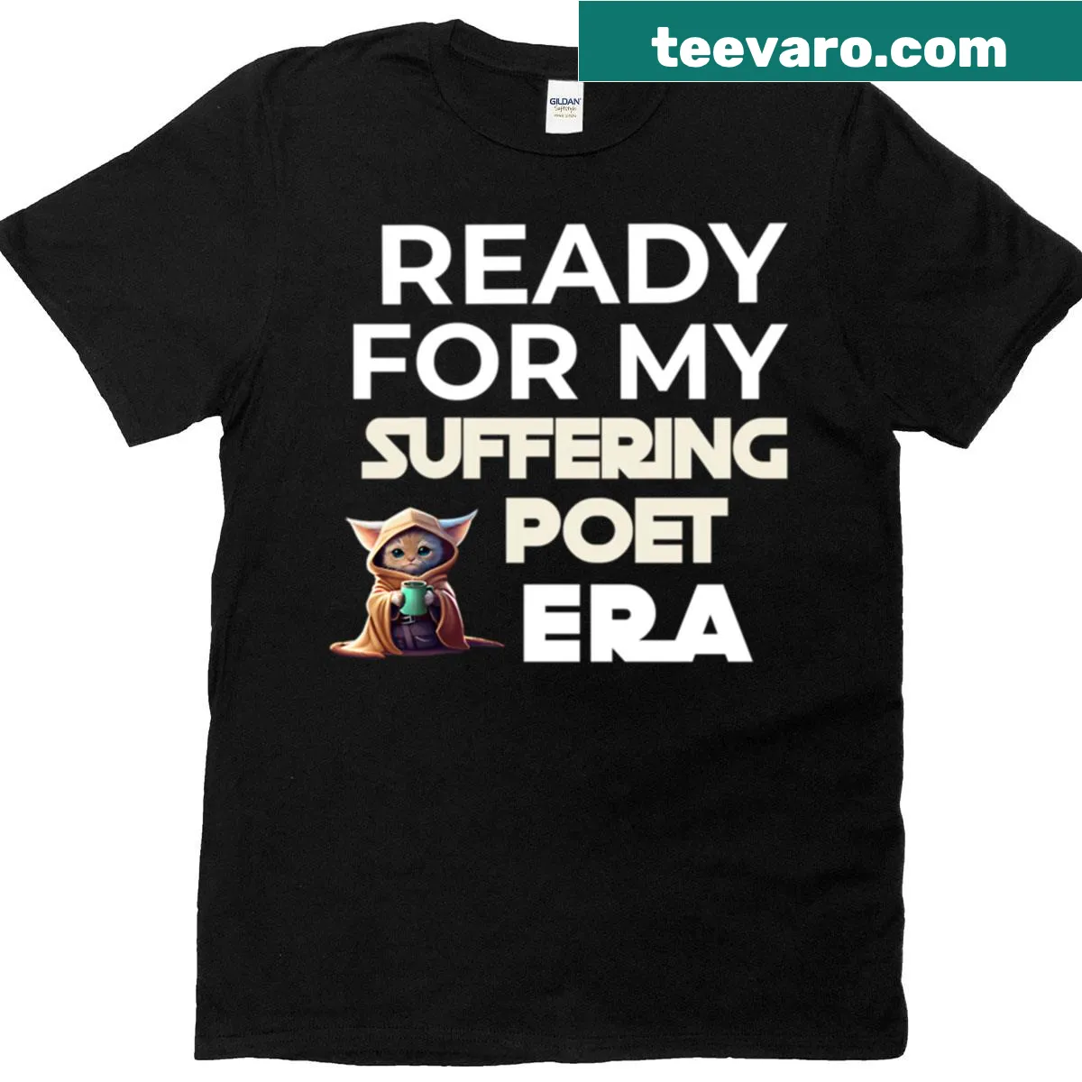 Charming t-shirt featuring a cat and tea-themed poet graphic — on a men's t-shirt