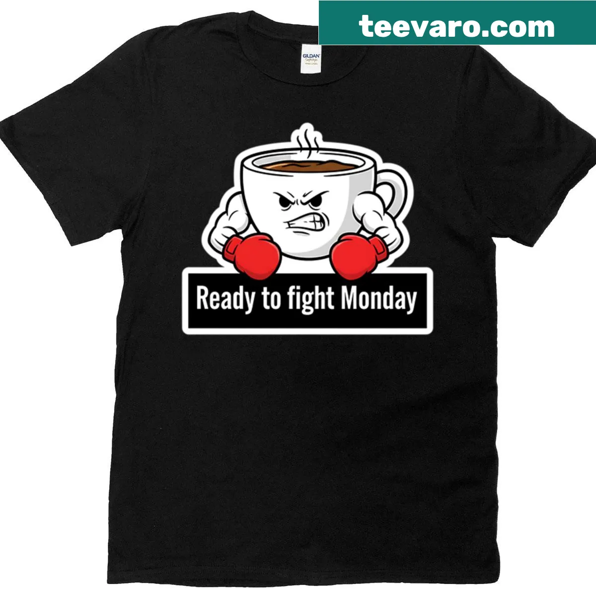 Funny t-shirt depicting a coffee mug ready to fight Monday — on a men's t-shirt