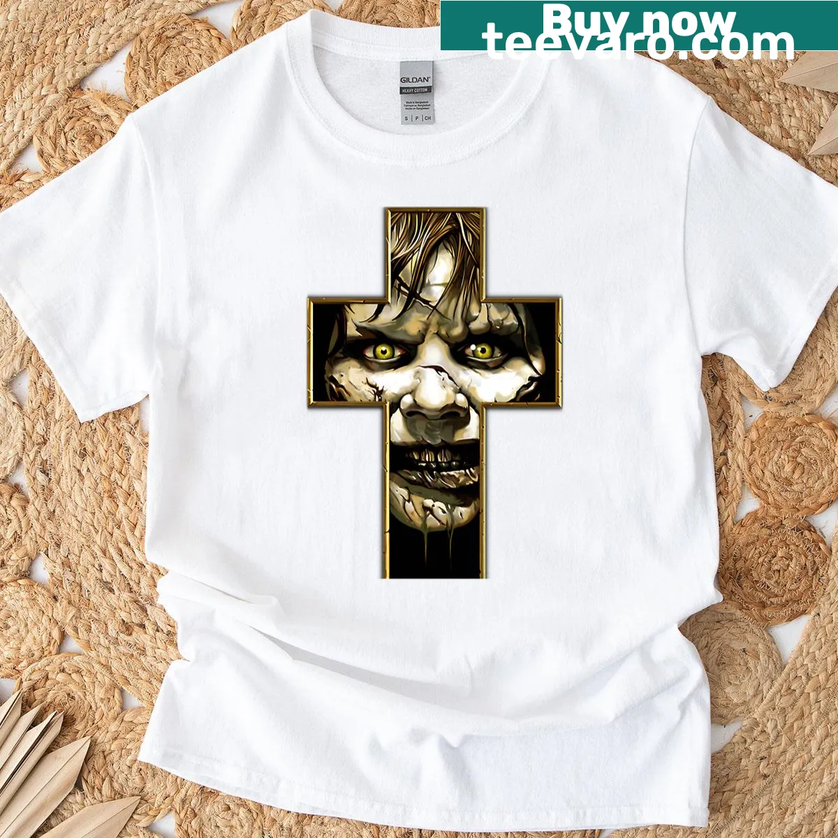 Illustrated t-shirt featuring Regan from The Exorcist — on a men's t-shirt