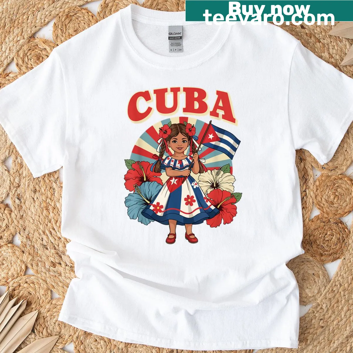 T-shirt featuring a Cuban girl in traditional dress with flag design. — on a men's t-shirt
