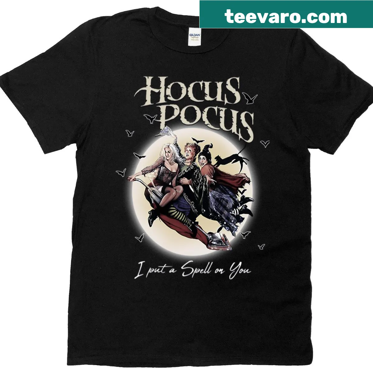 Vintage Halloween t-shirt featuring retro witches and movie-themed graphics — on a men's t-shirt