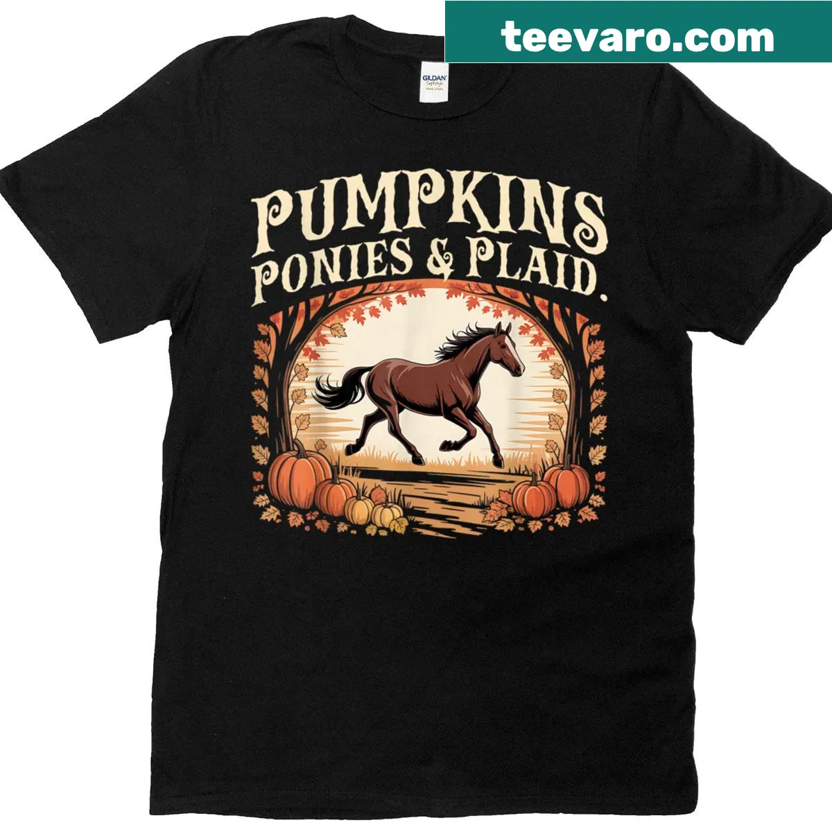 Plaid t-shirt featuring pumpkins and ponies in a vintage style — on a men's t-shirt