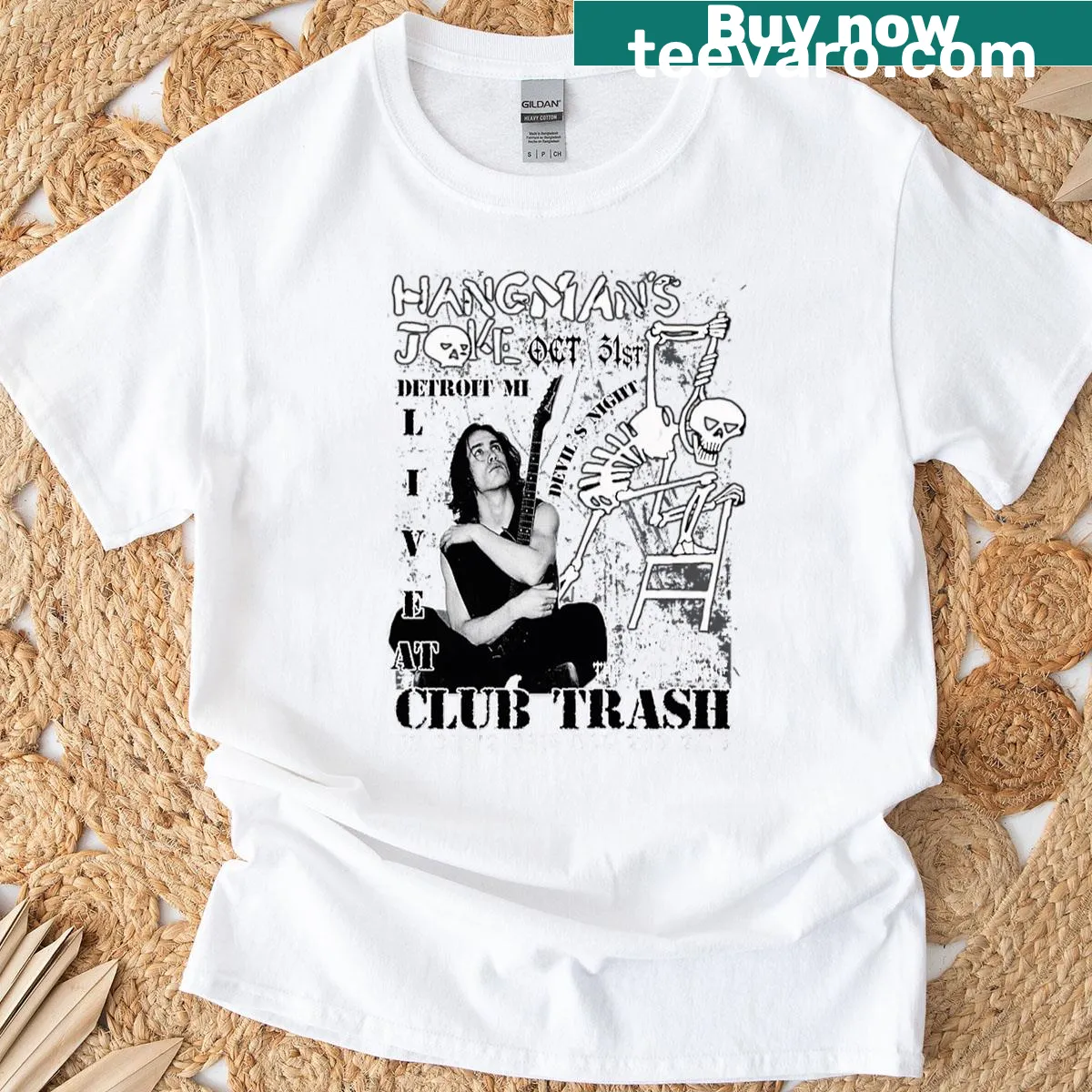 Retro gothic horror movie-themed t-shirt with funny design — on a men's t-shirt