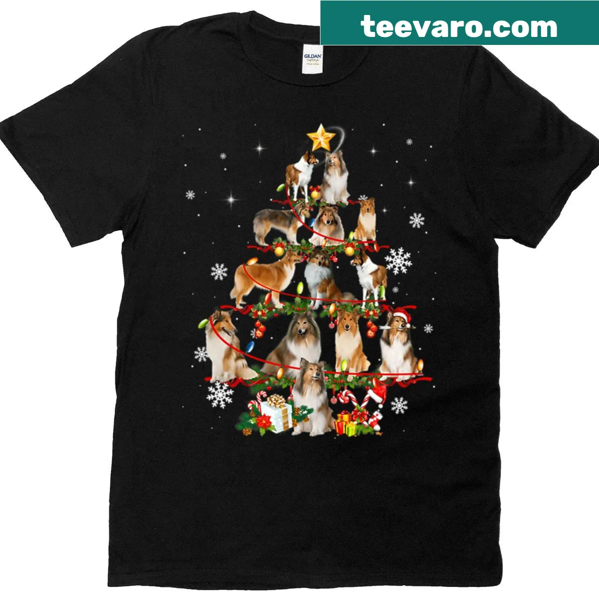 Funny Christmas t-shirt with Rough Collie and tree lights illustration — on a men's t-shirt