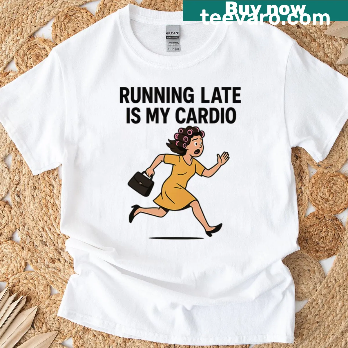 Playful typography t-shirt with statement about running late — on a men's t-shirt
