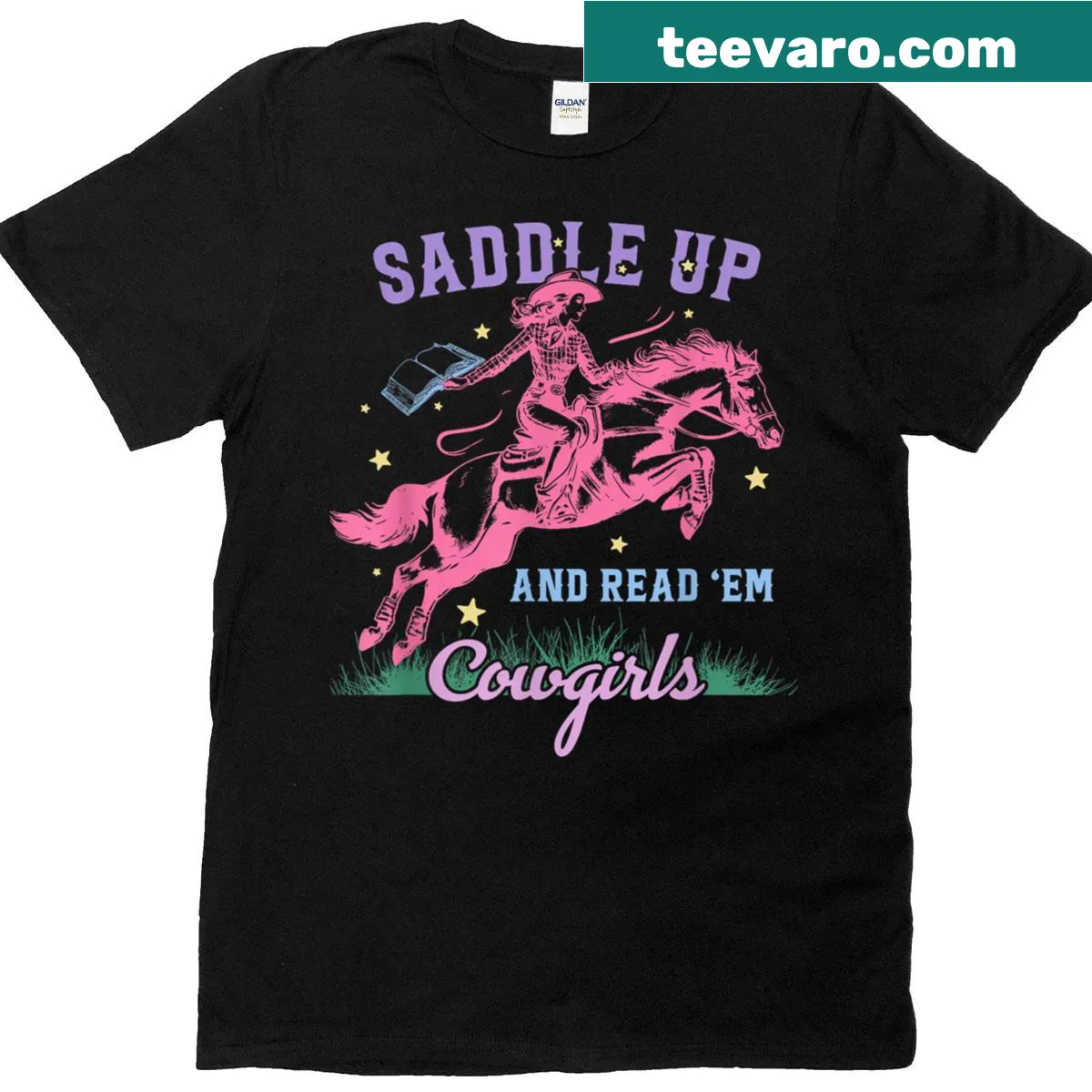 Cowgirl-themed T-shirt with playful illustrations about reading — on a men's t-shirt