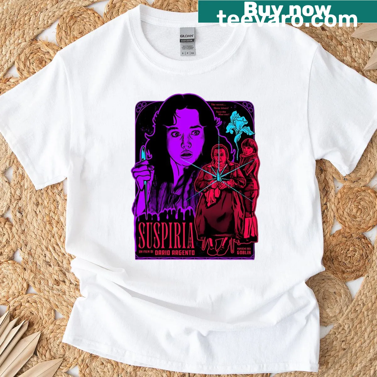 Vintage-style T-shirt celebrating 70s horror films — on a men's t-shirt