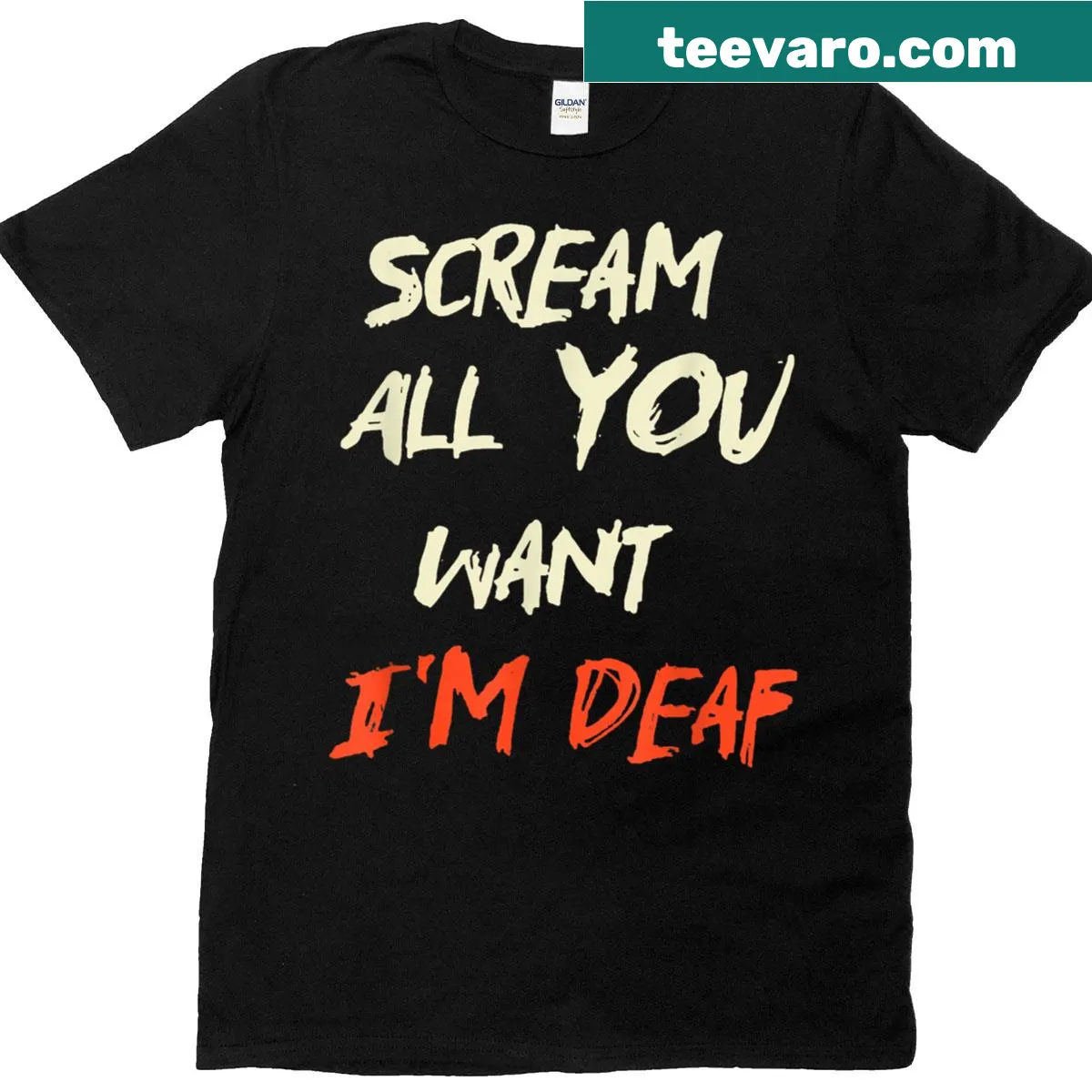Funny Halloween t-shirt with 'Im Deaf' message — on a men's t-shirt
