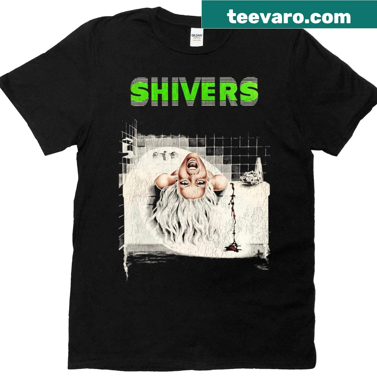 Illustrative t-shirt inspired by the 1980s Cronenberg horror movie Shivers — on a men's t-shirt