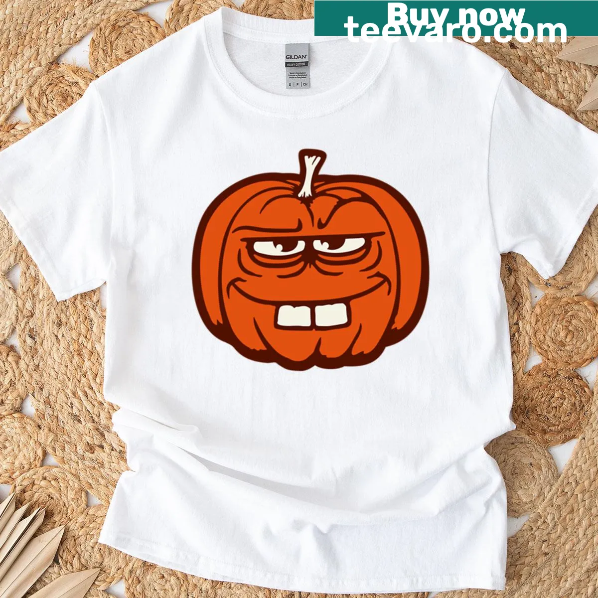 Silly pumpkin cartoon face graphic for Halloween on t-shirt — on a men's t-shirt