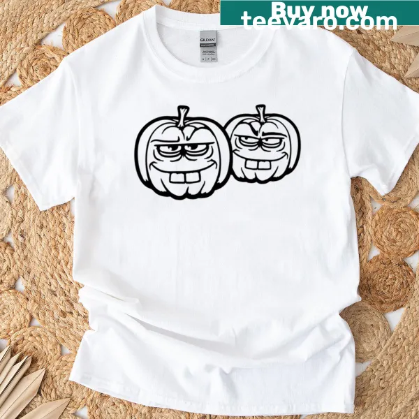 Cartoon pumpkins with mischievous grins on Halloween t-shirt