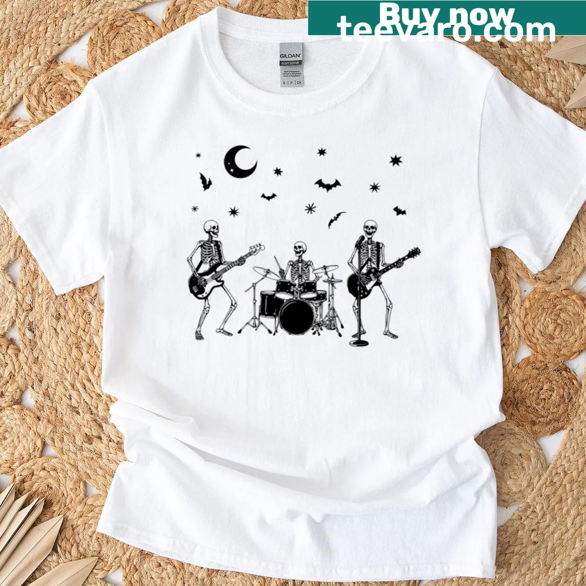 Black ink t-shirt with a skeleton band illustration — on a men's t-shirt