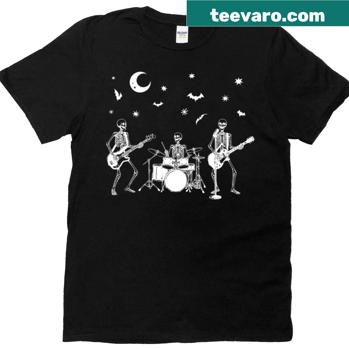 Skeleton band illustration t-shirt in white ink — on a men's t-shirt