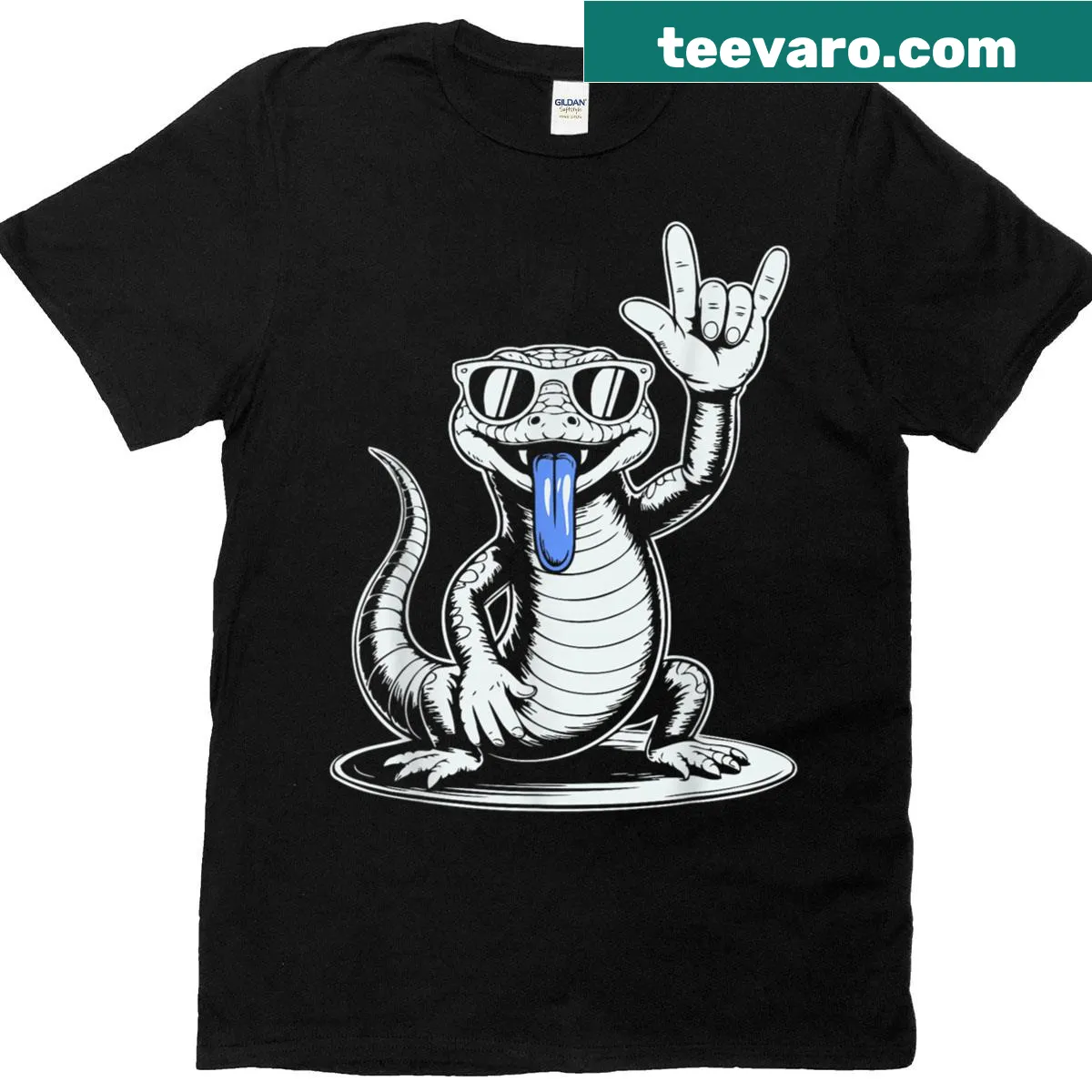 Heavy metal-inspired T-shirt featuring a punk rocker blue-tongued skink illustration — on a men's t-shirt