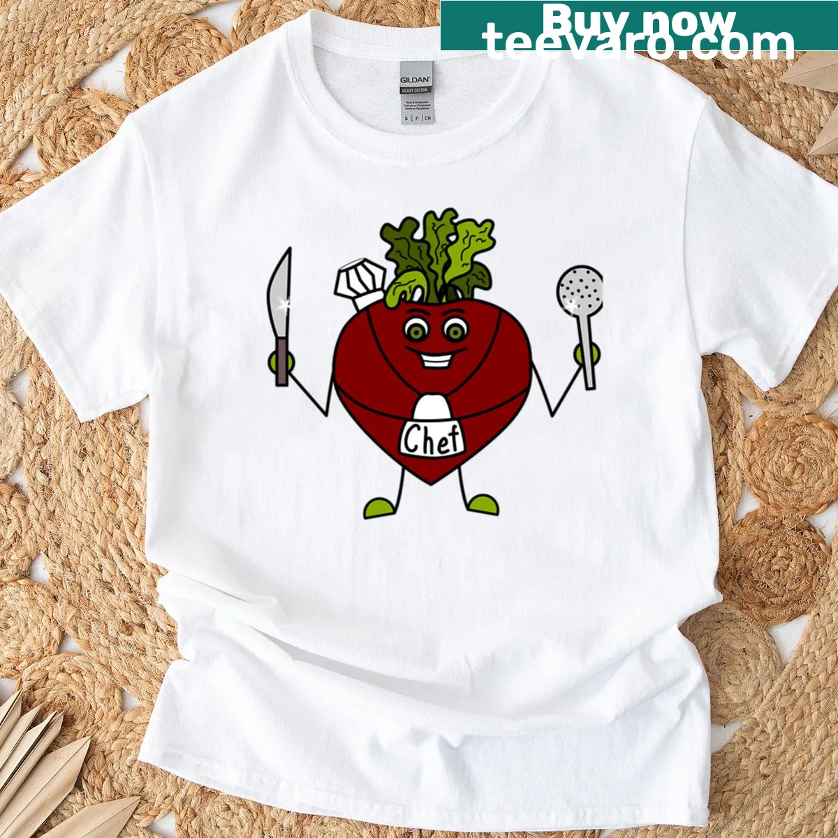 Cartoon smiling beetroot chef character graphic on t-shirt — on a men's t-shirt