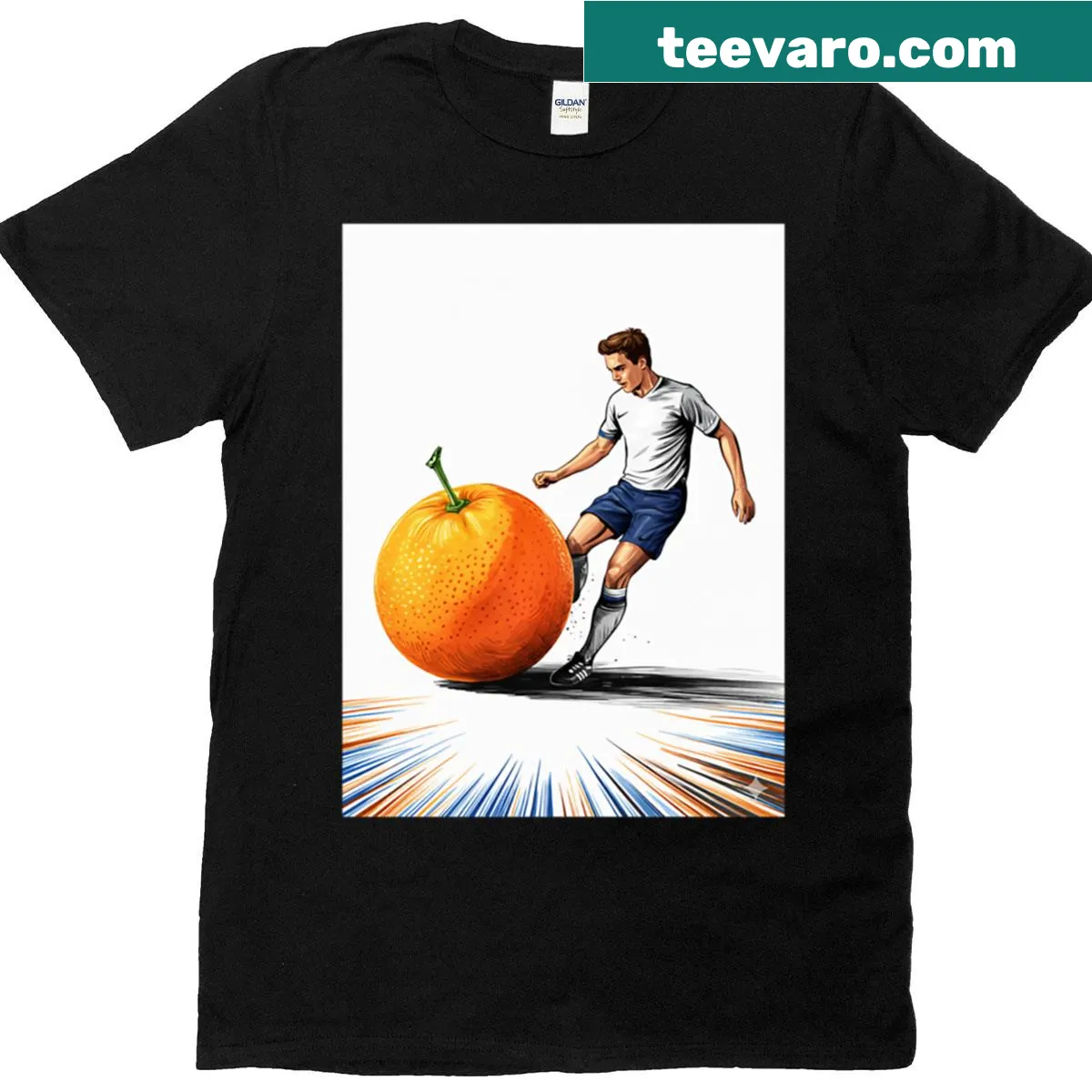Funny soccer player kicking a giant orange art t-shirt — on a men's t-shirt