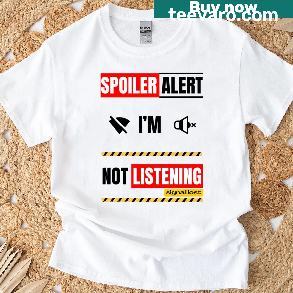 Funny oversized t-shirt with the quote 'Spoiler Alert: I'm Not Listening' in bold text — on a men's t-shirt