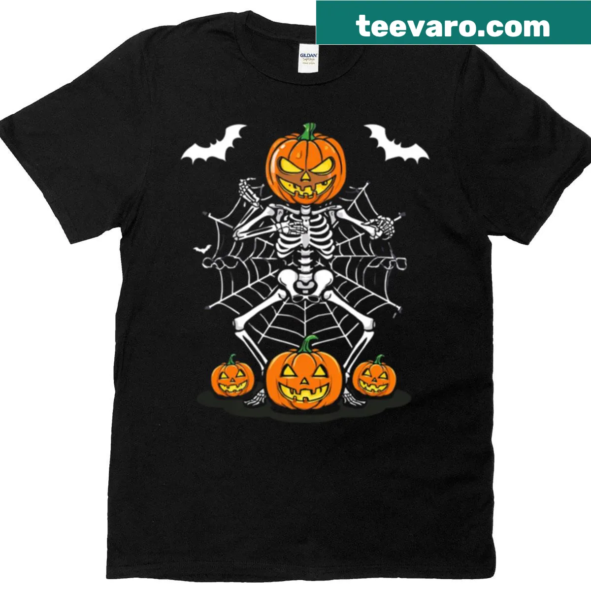 Cartoon skeleton dabbing with a pumpkin head for Halloween — on a men's t-shirt