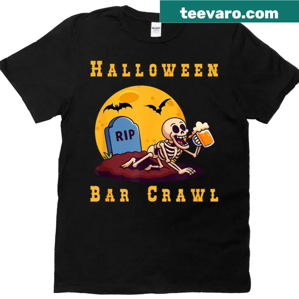 Playful T-shirt featuring a skeleton bar hopper design for Halloween