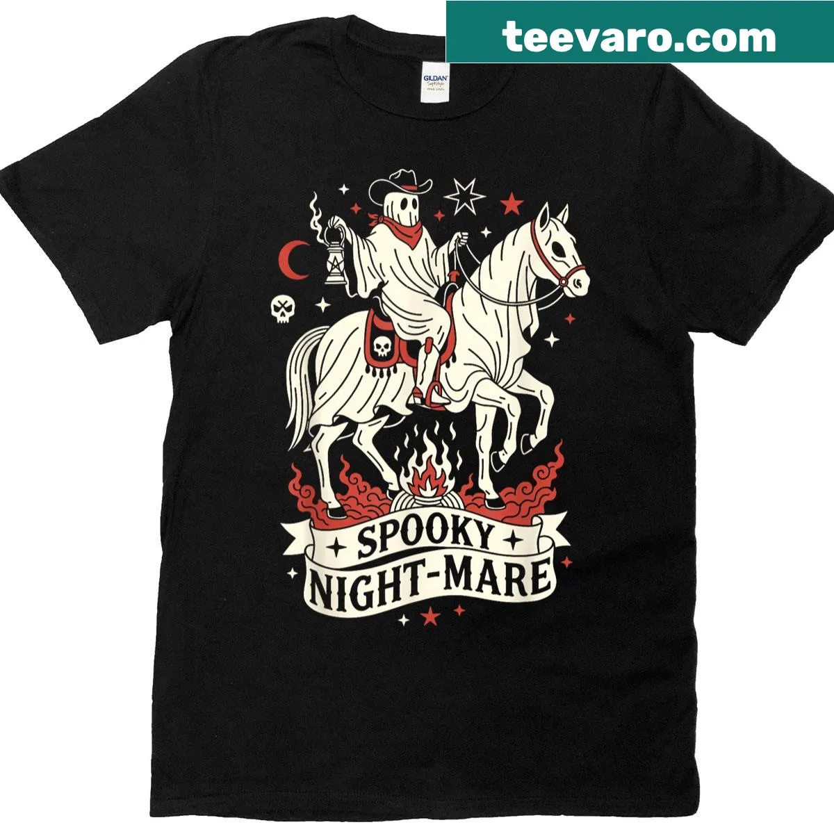 Funny Halloween T-shirt with a cartoon spooky night mare illustration — on a men's t-shirt