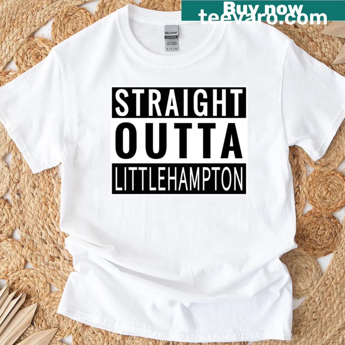 Oversized t-shirt with playful text: Straight Outta Littlehampton — on a men's t-shirt
