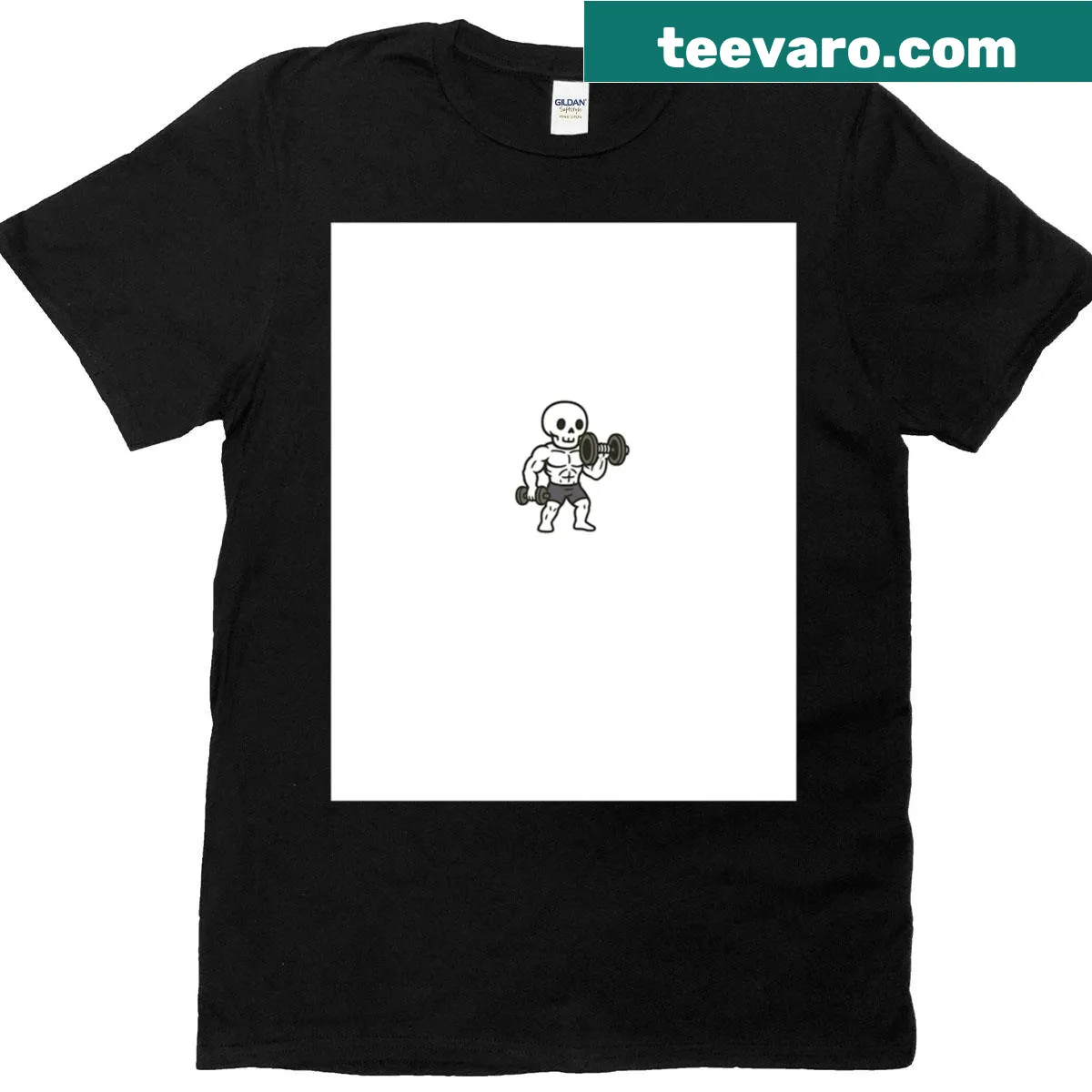Funny cartoon skeleton lifting weights graphic on a T-shirt — on a men's t-shirt