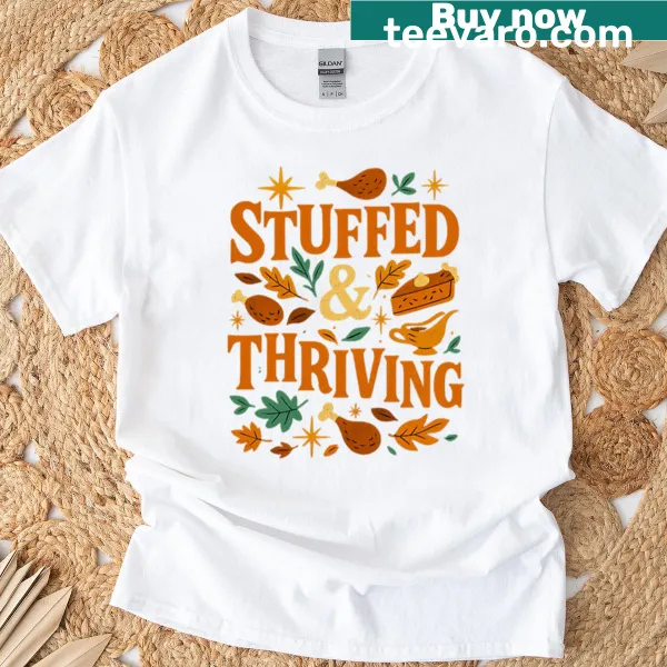 Funny graphic t-shirt featuring a turkey enjoying a feast