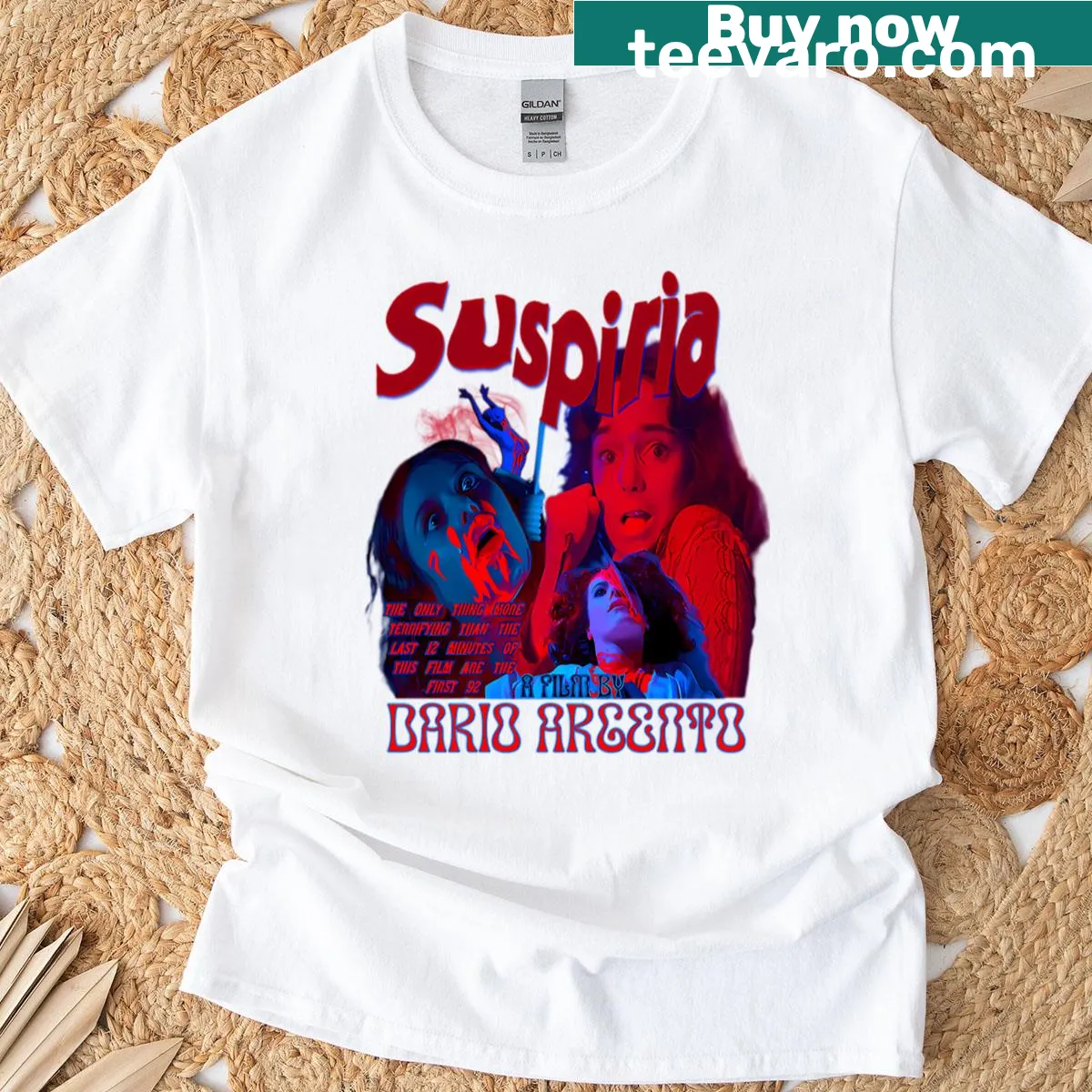 Vintage horror movie t-shirt with retro 70s design elements — on a men's t-shirt