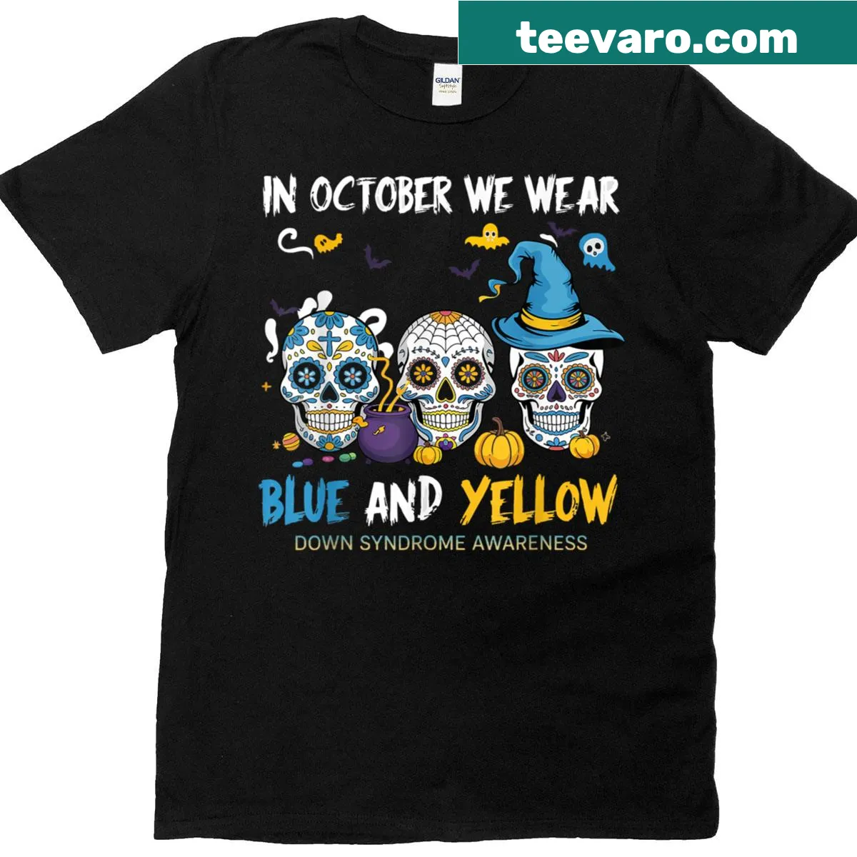 Cute sugar skull Halloween t-shirt promoting Down syndrome awareness — on a men's t-shirt