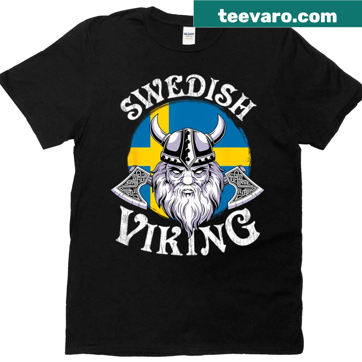 Funny t-shirt featuring the Swedish flag and Viking imagery — on a men's t-shirt