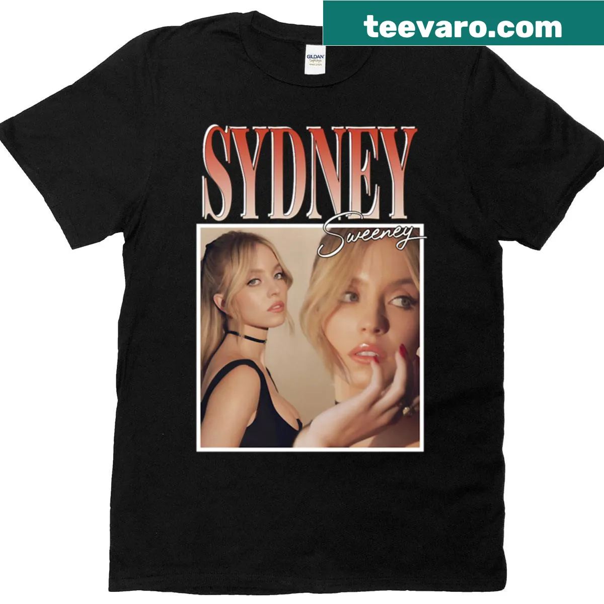 Minimalist t-shirt featuring Sydney Sweeney's name — on a men's t-shirt