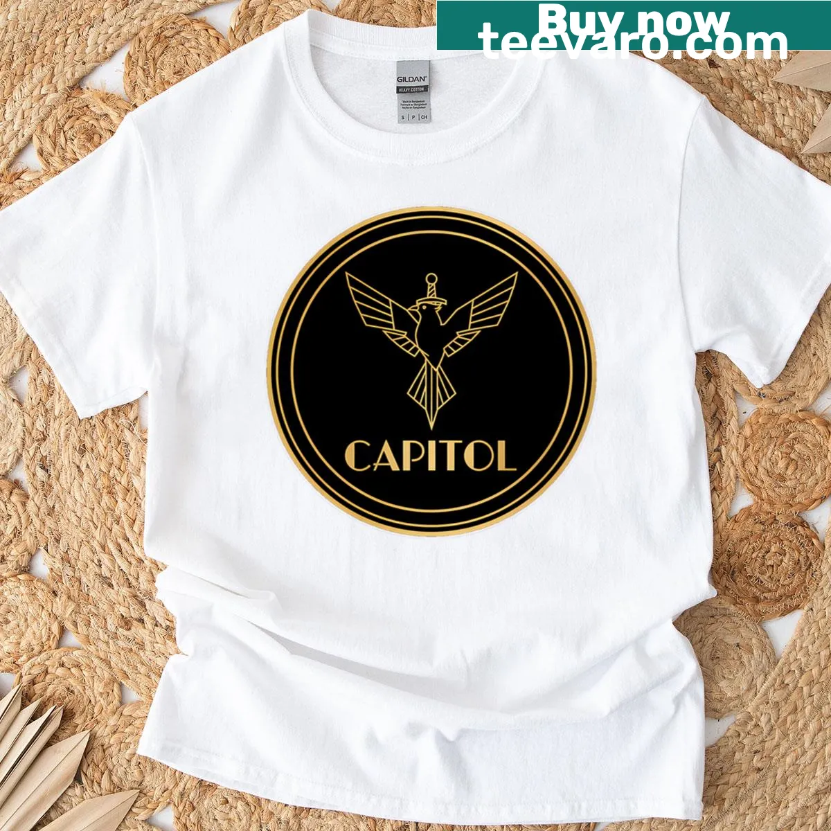 Oversized T-shirt featuring the Capitol Authority emblem from Hunger Games — on a men's t-shirt