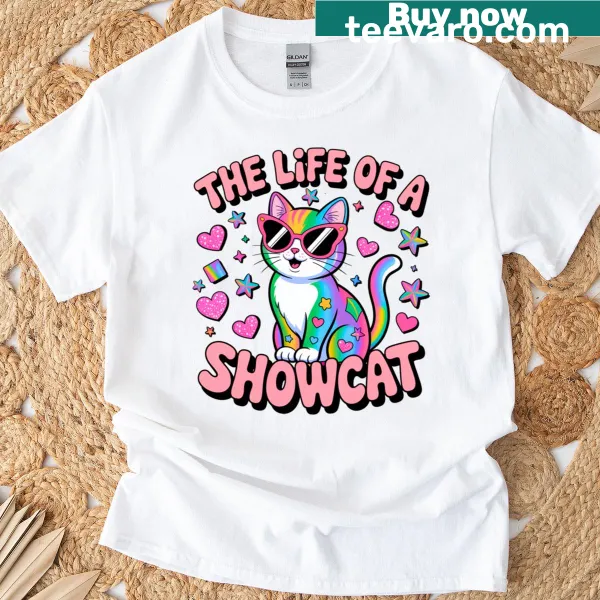 Kawaii cat graphic on a t-shirt showcasing a trendy feline