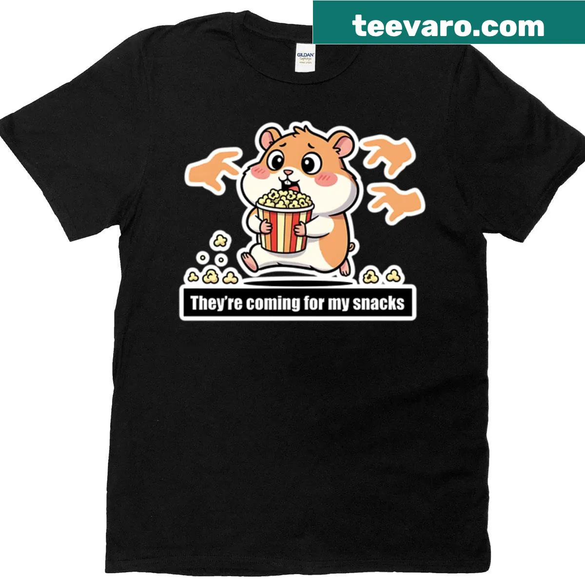 Cute hamster and popcorn graphic with funny text on an oversized t-shirt — on a men's t-shirt