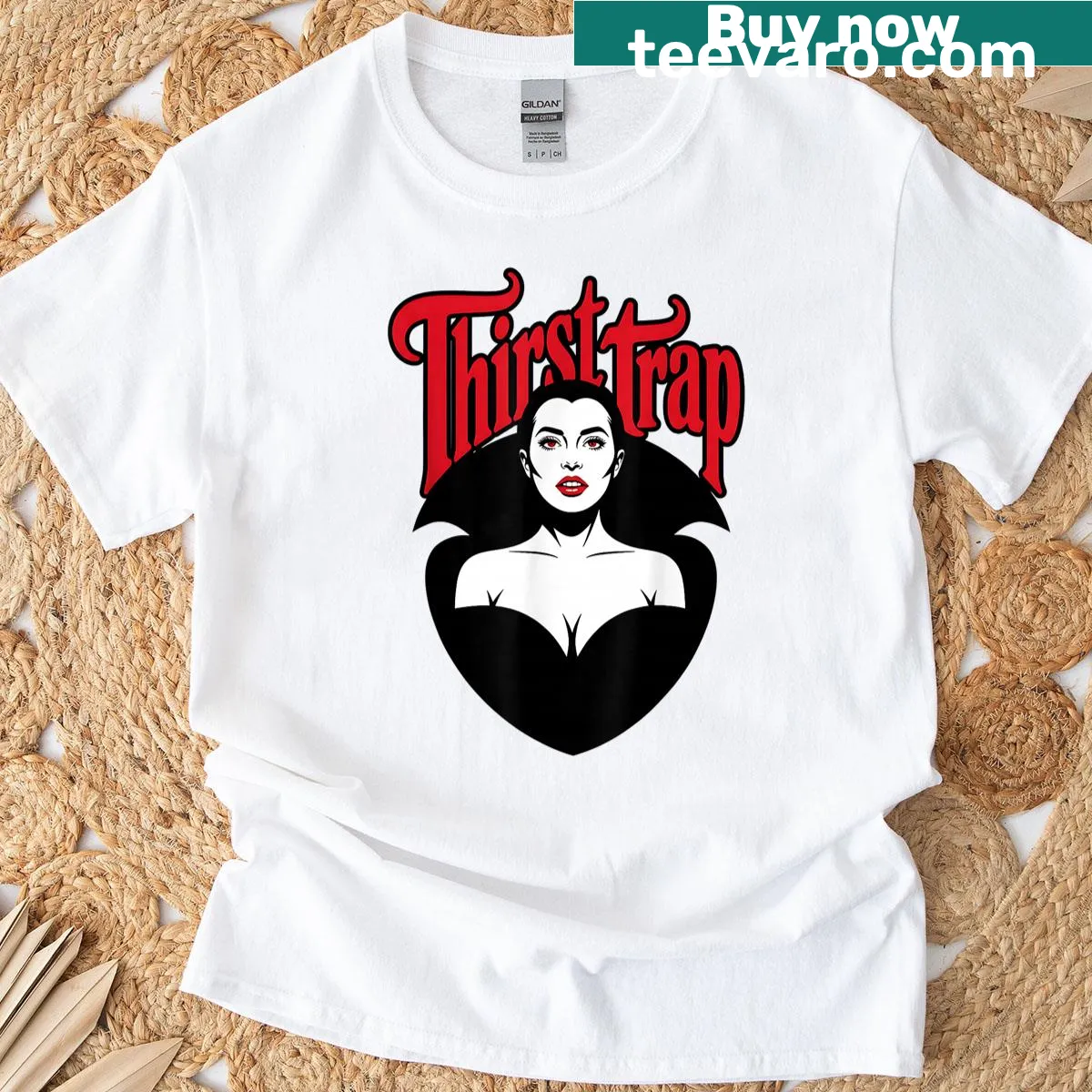 Gothic vampire-themed tee with vintage distressing and thirst trap graphic — on a men's t-shirt