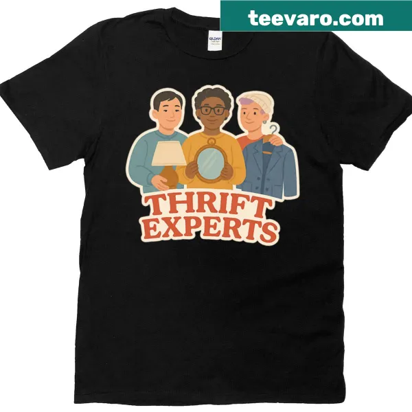 T-shirt with 'Thrift Experts' printed in a playful font.