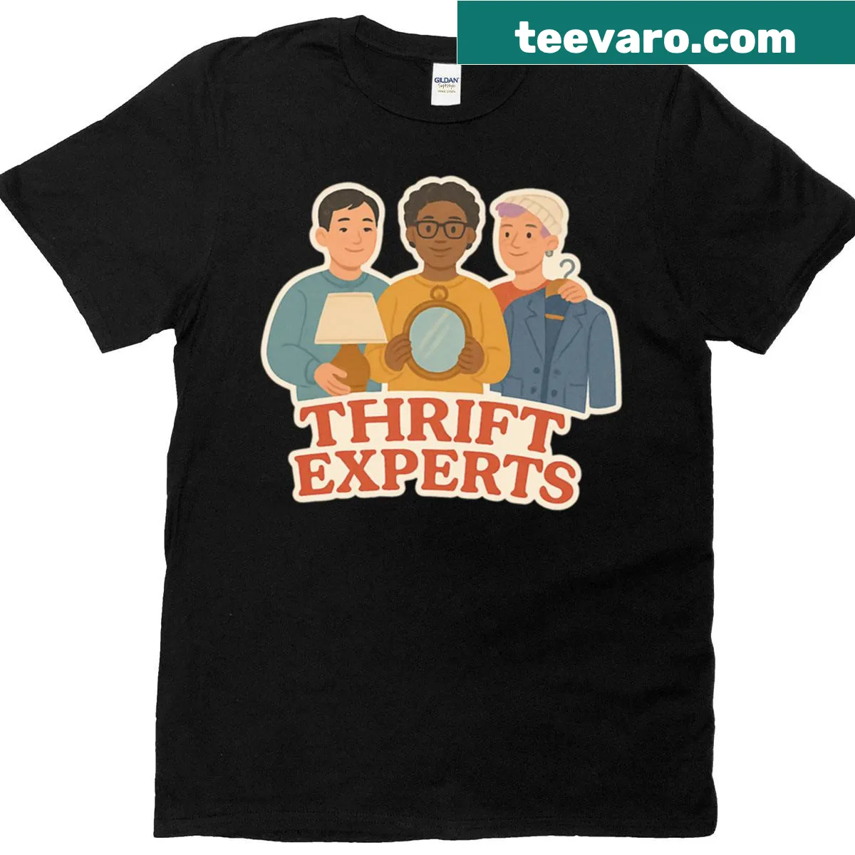 T-shirt with 'Thrift Experts' printed in a playful font. — on a men's t-shirt