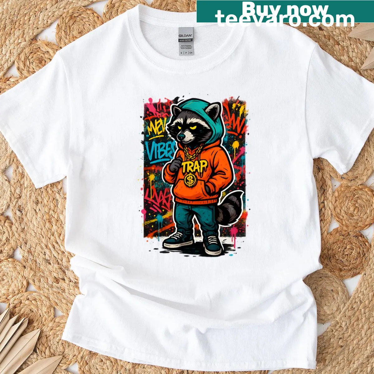 Oversized streetwear t-shirt with a trap raccoon illustration — on a men's t-shirt