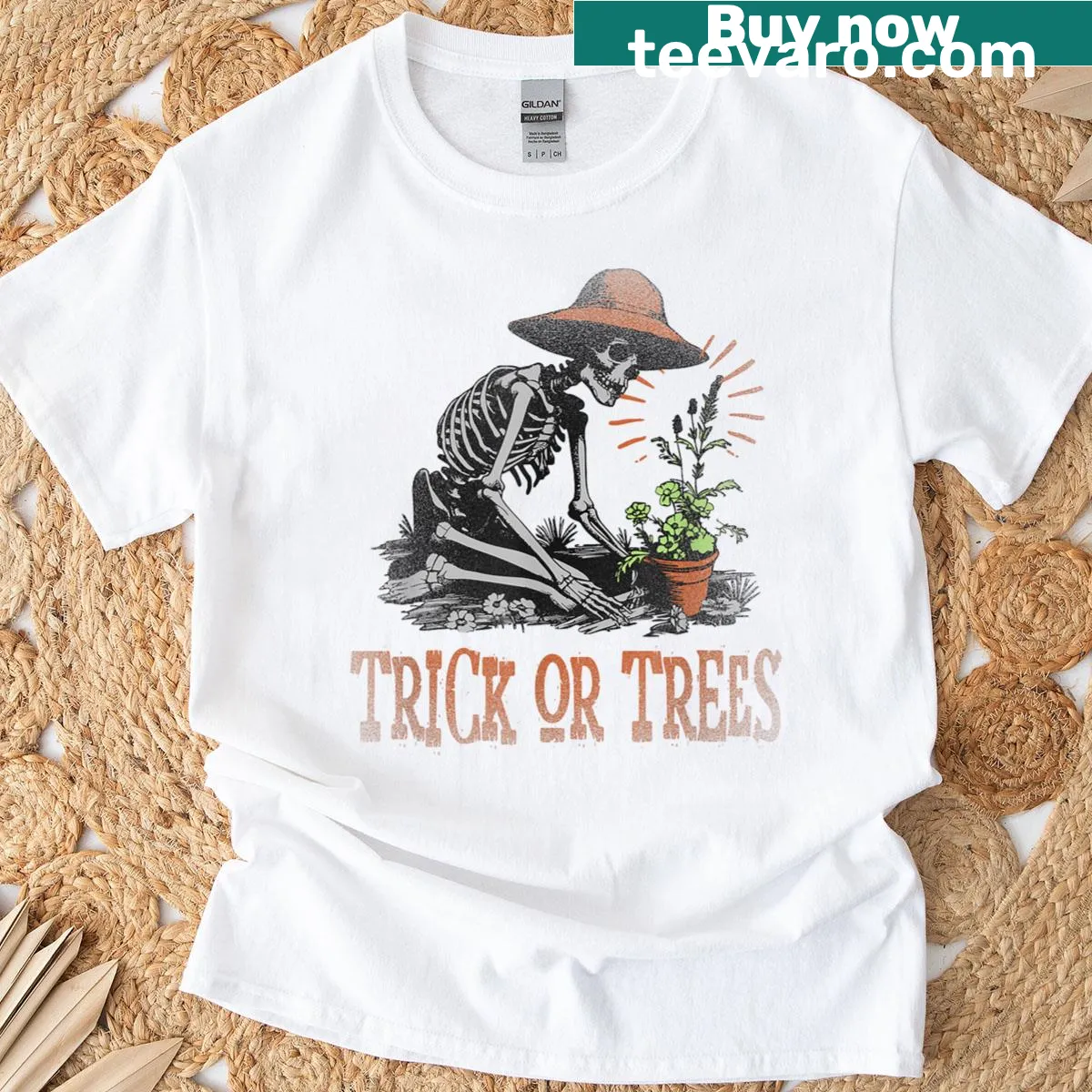 Skeletons gardening graphic on Halloween T-shirt — on a men's t-shirt