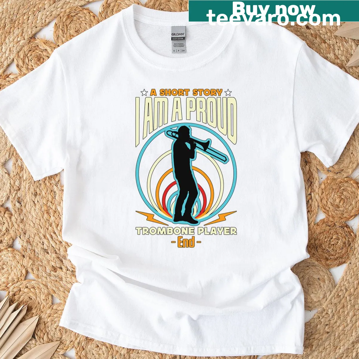 Playful trombone-themed shirt with a fun typography design — on a men's t-shirt