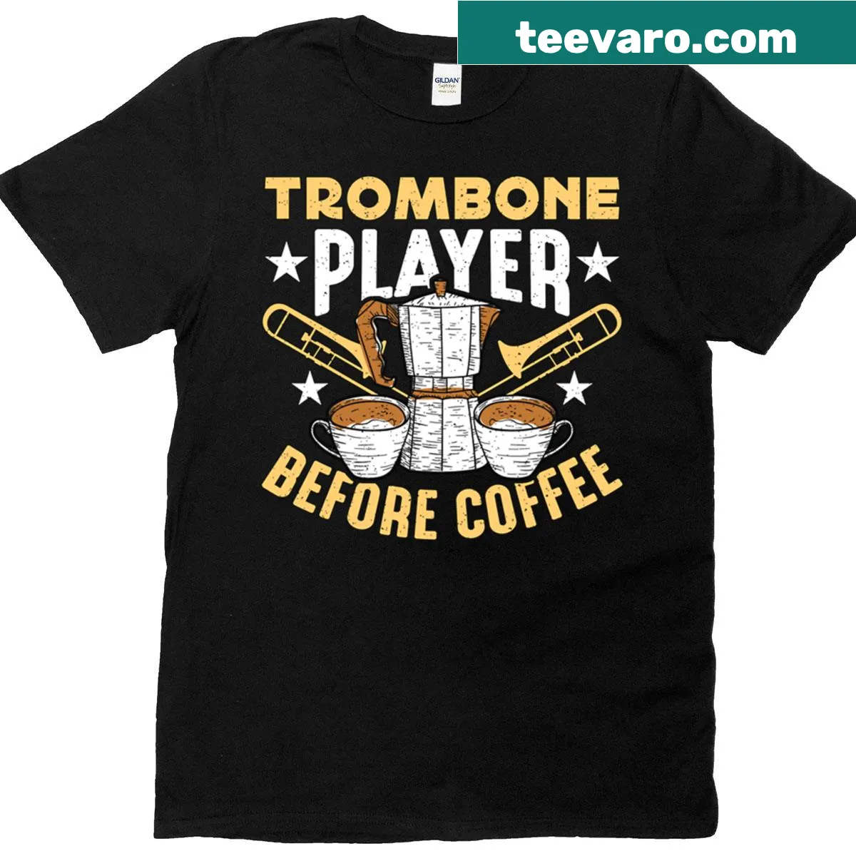 Trombone and coffee mug illustration on a humorous t-shirt — on a men's t-shirt