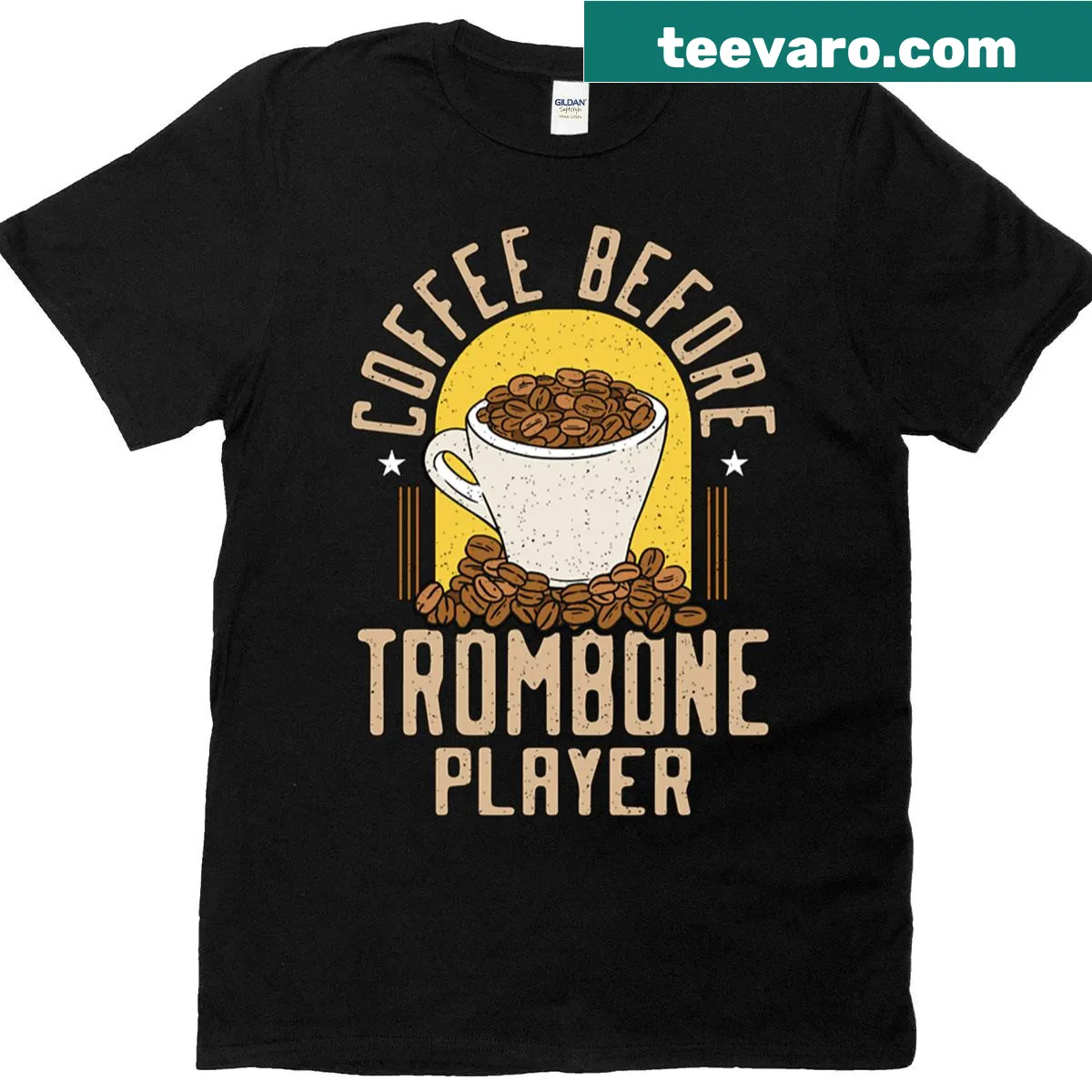 Trombone graphic with coffee cup illustration for musicians — on a men's t-shirt