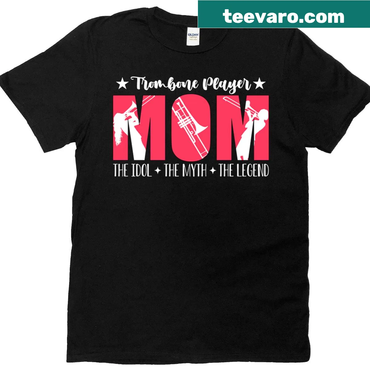 Illustration of a trombone with text for a Trombone Player Mom — on a men's t-shirt
