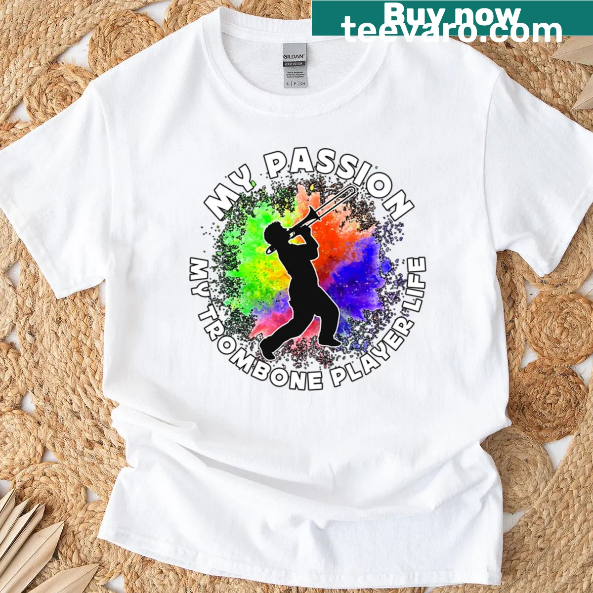 Trombone player t-shirt with passionate typography — on a men's t-shirt