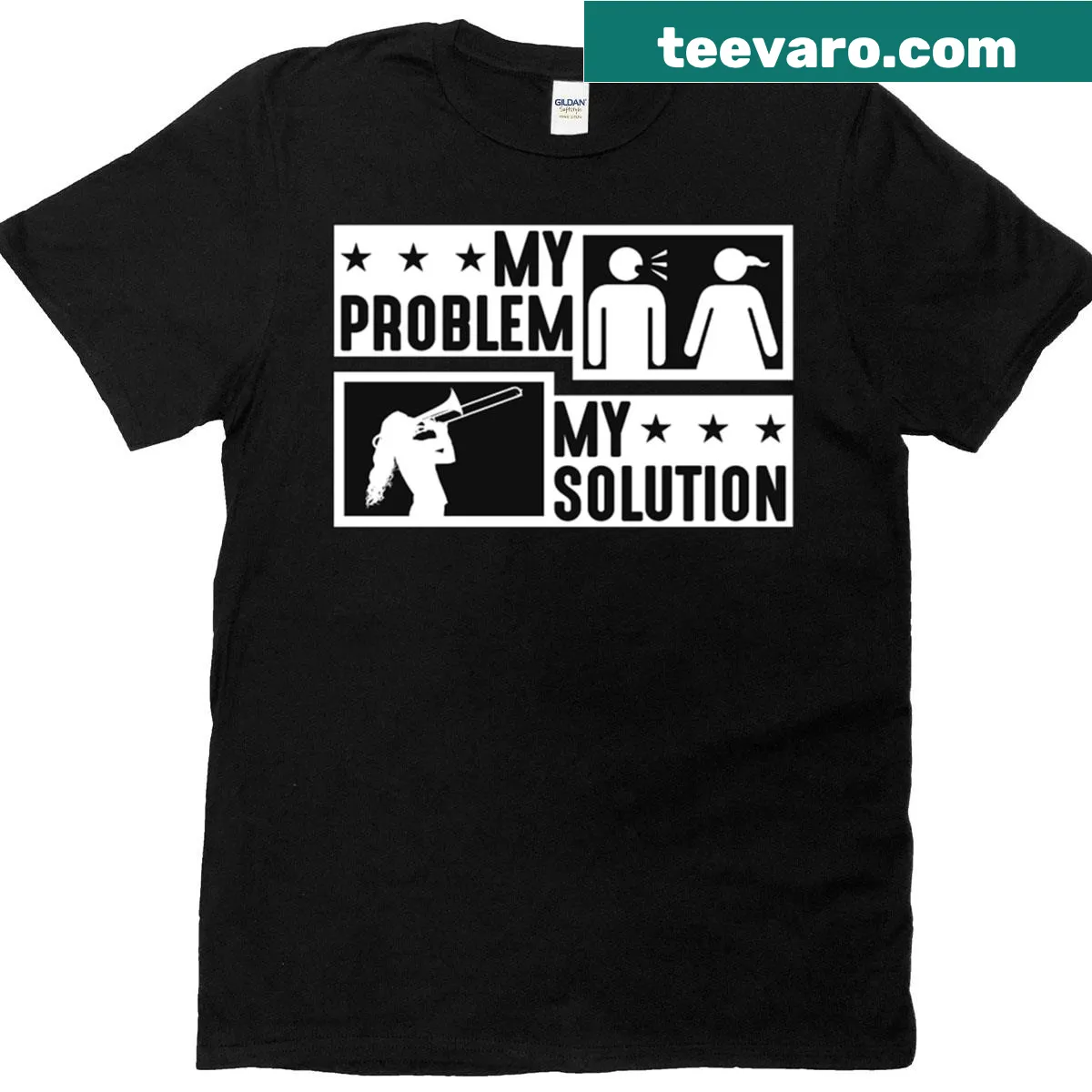 Pictogram design t-shirt for trombone players and parents — on a men's t-shirt