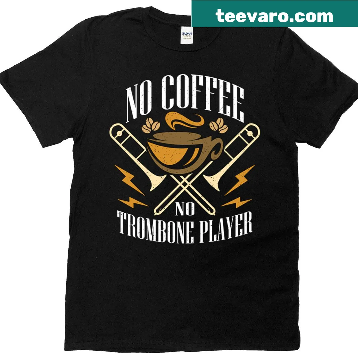Funny trombone player t-shirt with coffee-themed design and bold text. — on a men's t-shirt